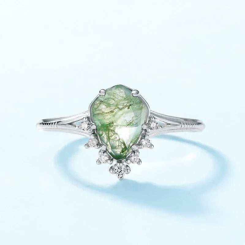 Moss Agate Long Shape Open Ring — hand-worn scale view 2