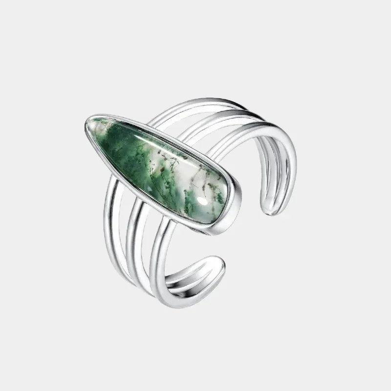 Moss Agate Minimalist Open Ring Unisex — front product view on a light background