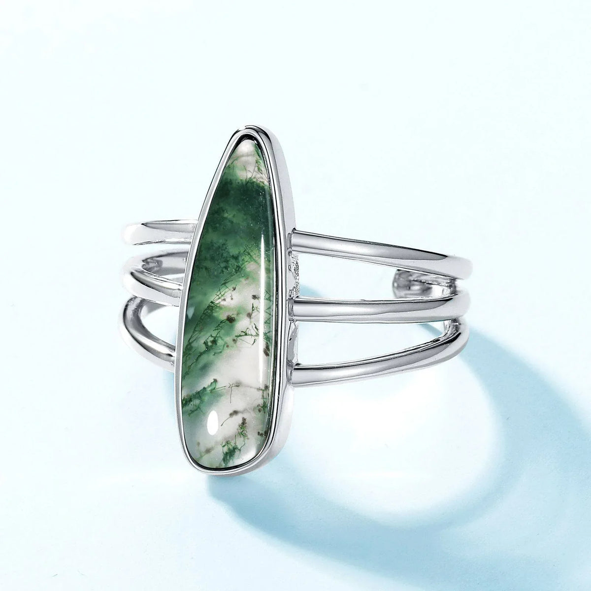Moss Agate Minimalist Open Ring Unisex — front setting detail 3