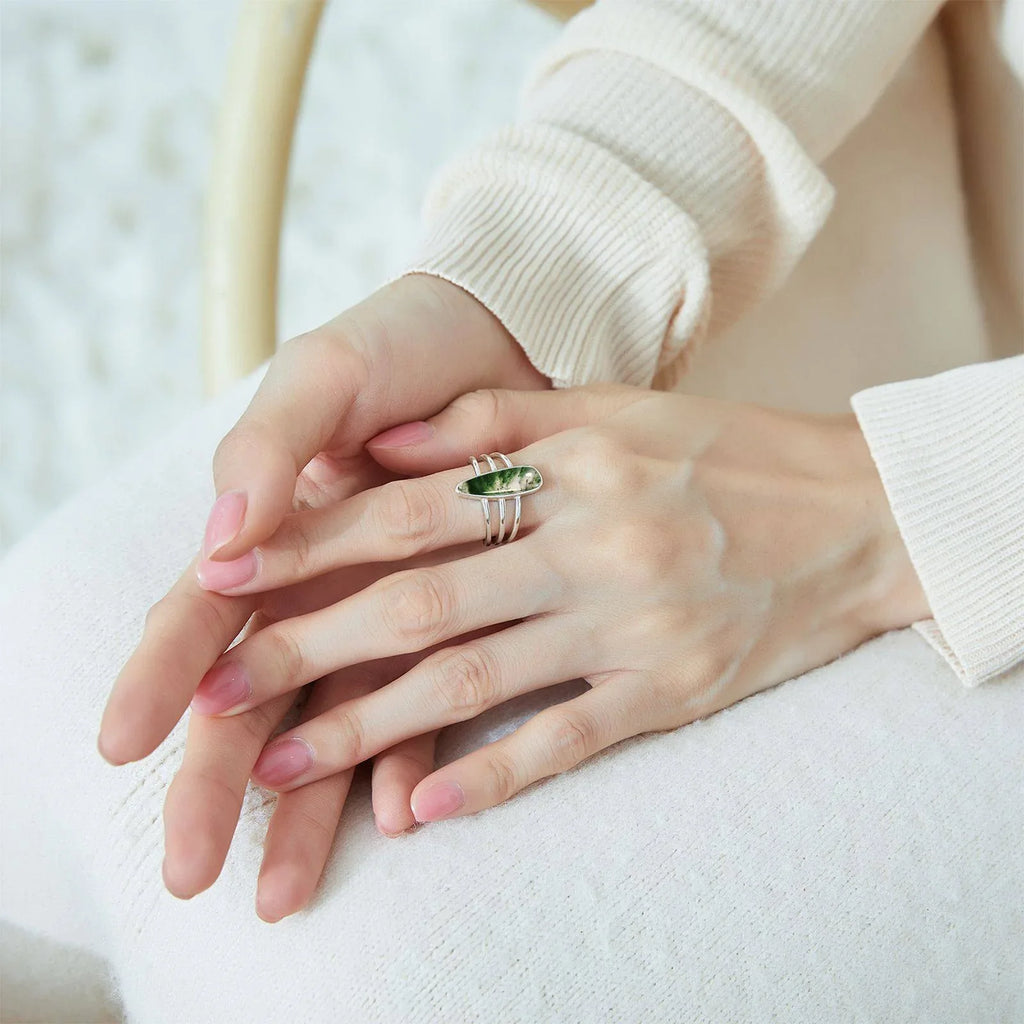 Moss Agate Minimalist Open Ring Unisex — hand-worn scale view 2