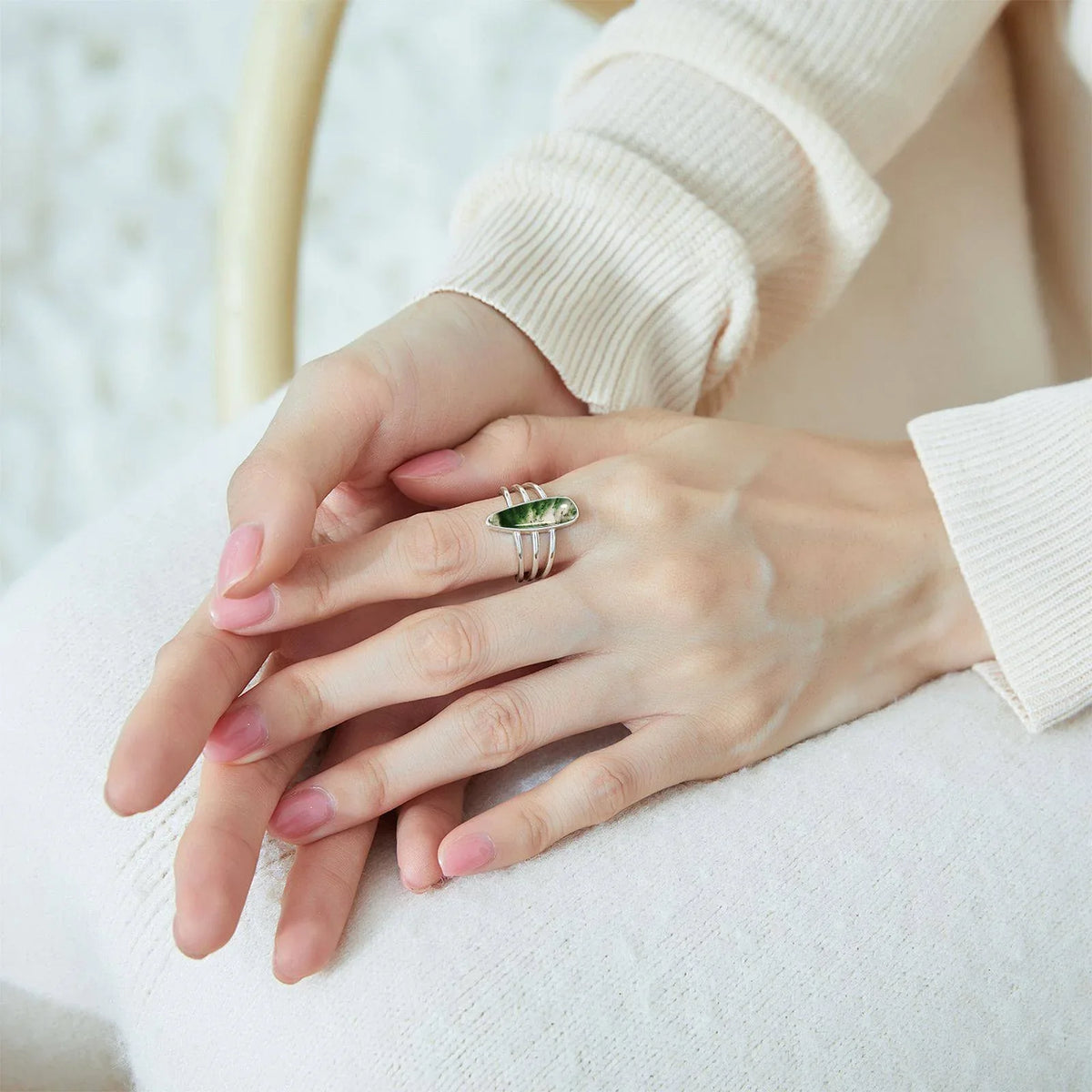Moss Agate Minimalist Open Ring Unisex — hand-worn scale view 2