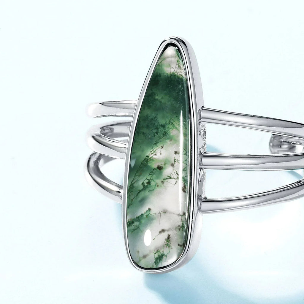 Moss Agate Minimalist Open Ring Unisex — side profile and band detail 4