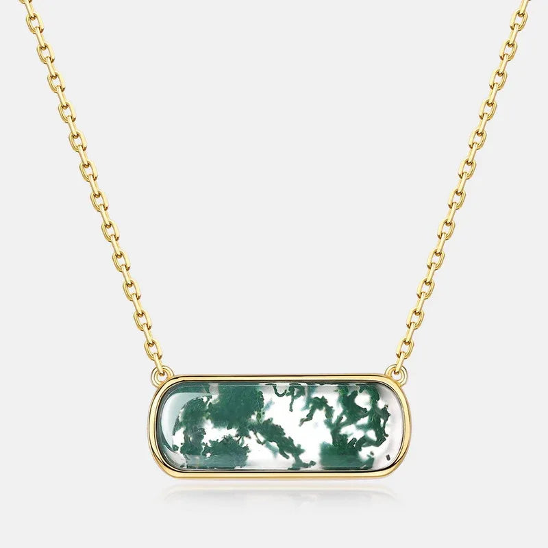 Horizontal Rectangular Moss Agate Bar Pendant Necklace — second full necklace front view