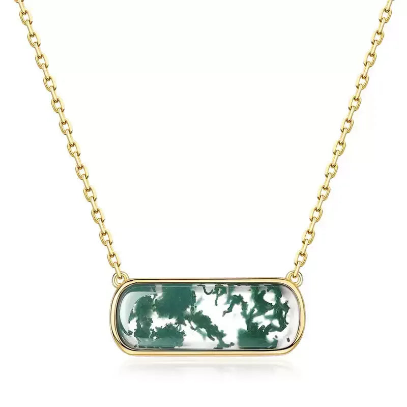 Horizontal Rectangular Moss Agate Bar Pendant Necklace — alternate full necklace view