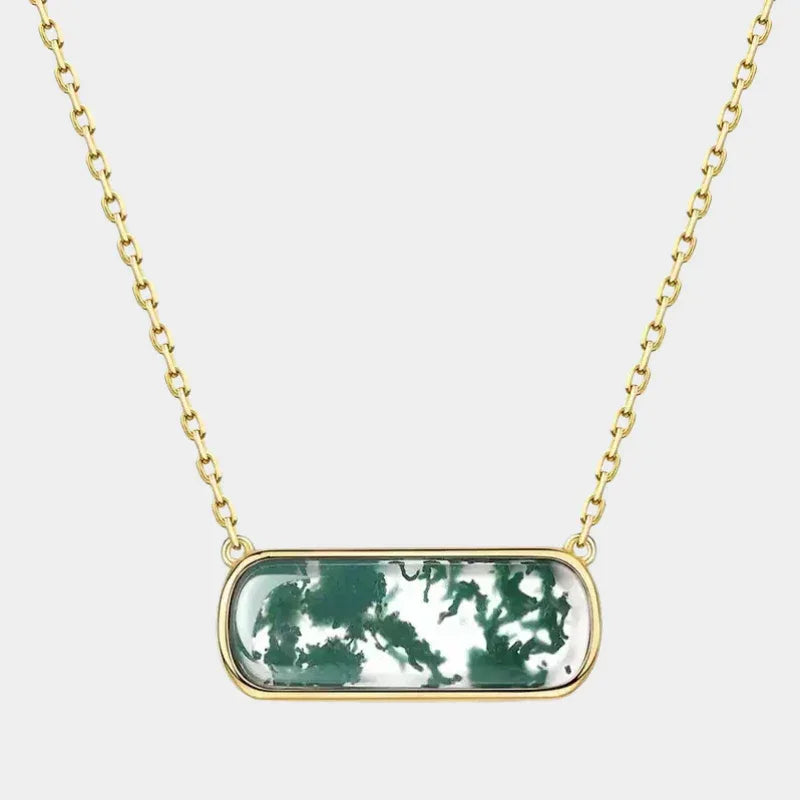 Horizontal Rectangular Moss Agate Bar Pendant Necklace — full gold-tone necklace front view