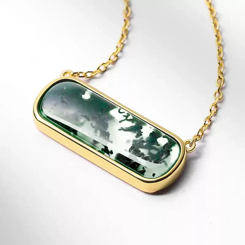 Horizontal Rectangular Moss Agate Bar Pendant Necklace — rectangular bar pendant close-up