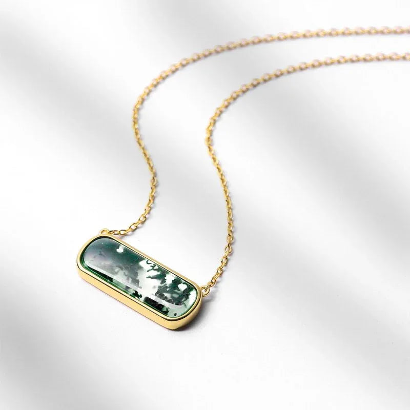 Horizontal Rectangular Moss Agate Bar Pendant Necklace — angled full necklace arrangement