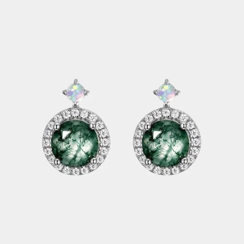 Round Moss Agate Halo Stud Earrings with Kite-Shaped Top Accents — paired front view