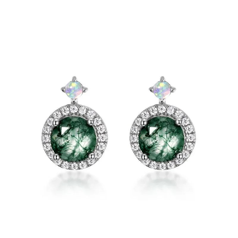 Round Moss Agate Halo Stud Earrings with Kite-Shaped Top Accents — alternate paired front view