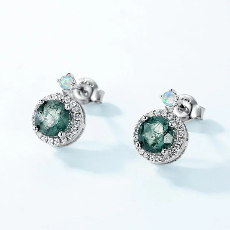 Round Moss Agate Halo Stud Earrings with Kite-Shaped Top Accents — angled paired rear view showing posts