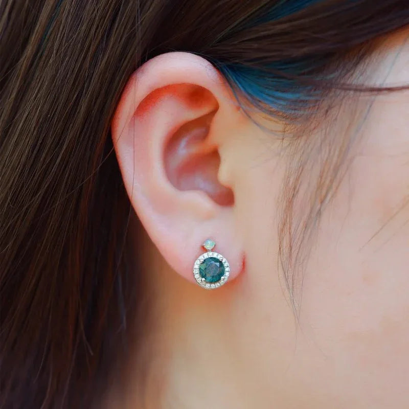 Round Moss Agate Halo Stud Earrings with Kite-Shaped Top Accents — single stud worn on the ear