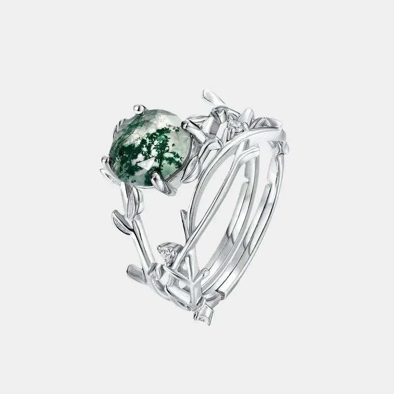 Moss Agate Open Ring S925 Silver Ring — front product view on a light background