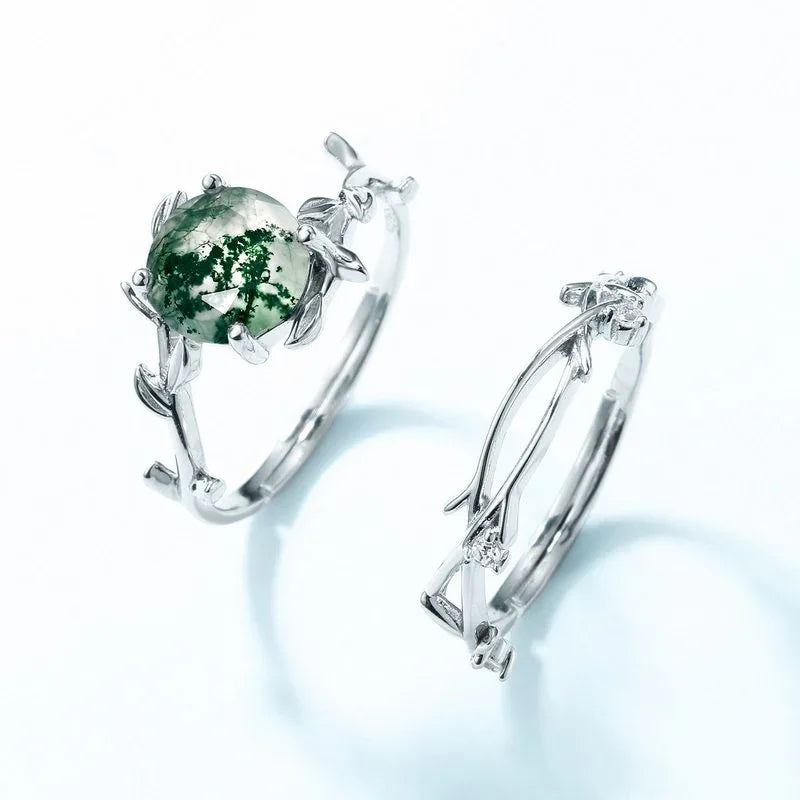 Moss Agate Open Ring S925 Silver Ring — front setting detail 3