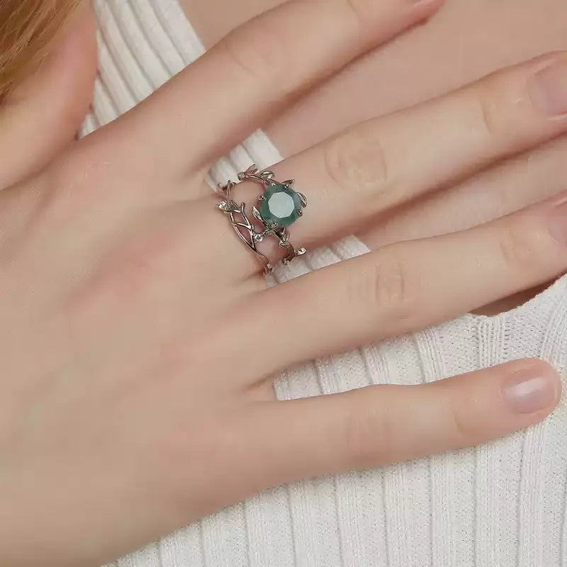 Moss Agate Open Ring S925 Silver Ring — hand-worn scale view 2