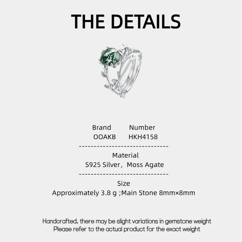 Moss Agate Open Ring S925 Silver Ring — Moss Agate specification card with material and measurements