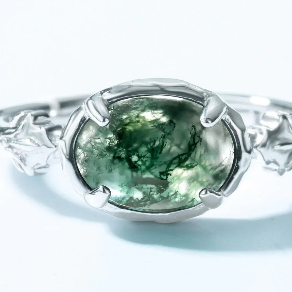 Moss Agate Open Ring Unisex — front setting detail 3