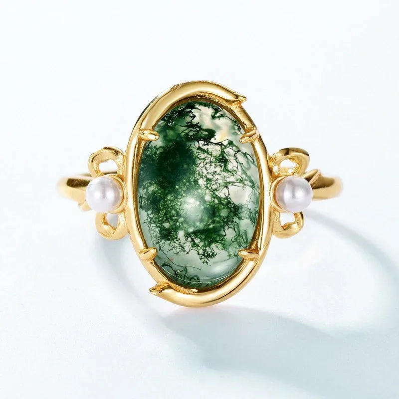 Moss Agate Oval Open Ring Unisex — angled product view 5