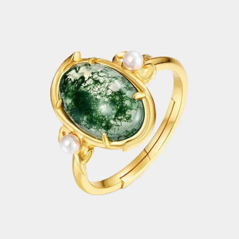 Moss Agate Oval Open Ring Unisex — front product view on a light background