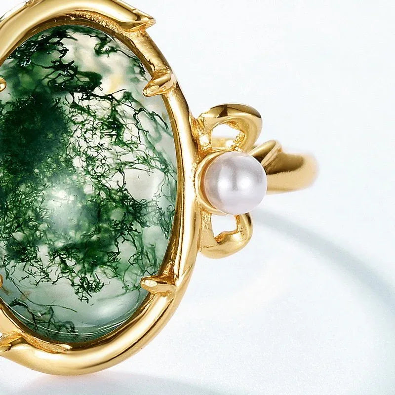 Moss Agate Oval Open Ring Unisex — front setting detail 3
