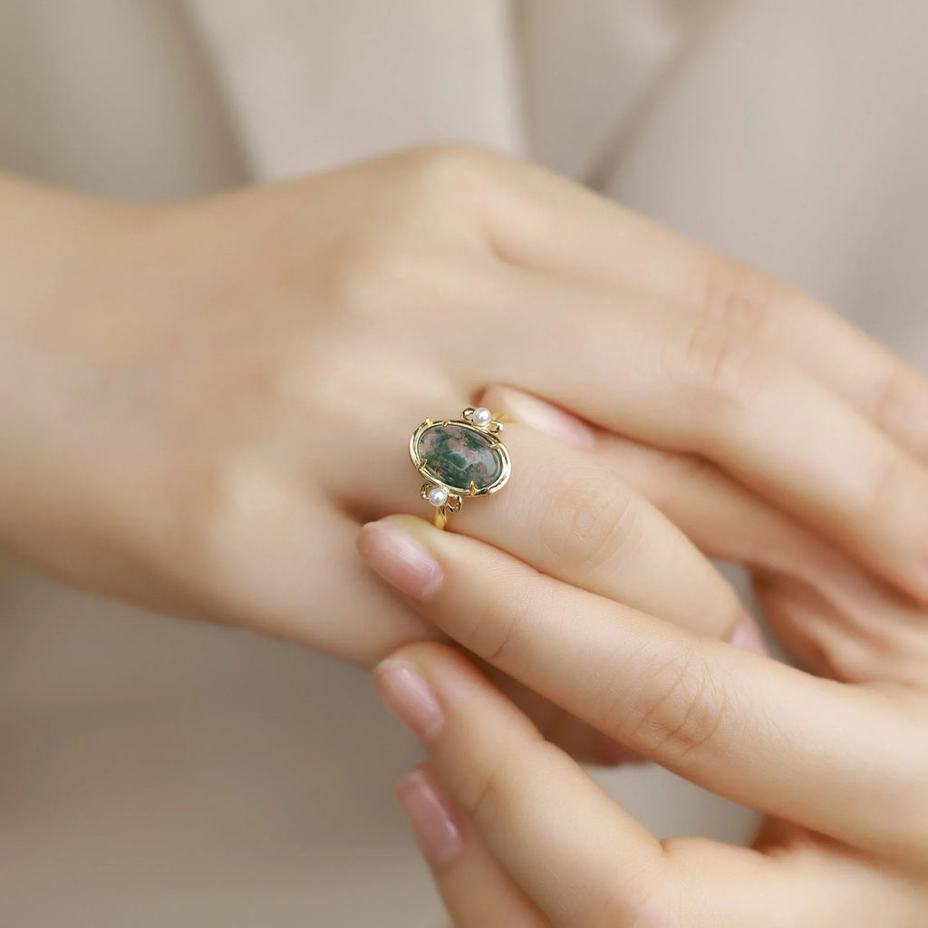 Moss Agate Oval Open Ring Unisex — hand-worn scale view 2