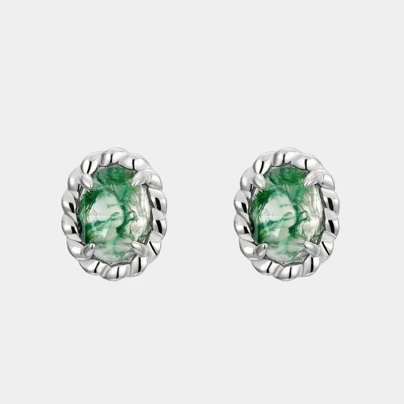 Moss Agate Oval Six-Claw Earrings — front product view on a light background
