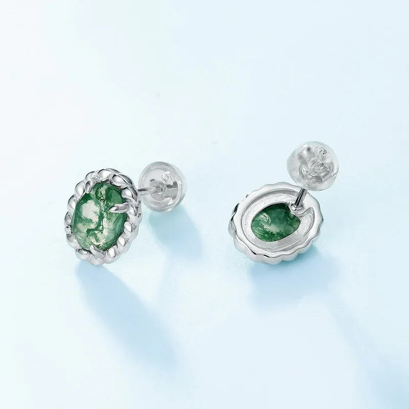 Moss Agate Oval Six-Claw Earrings — front setting detail 3