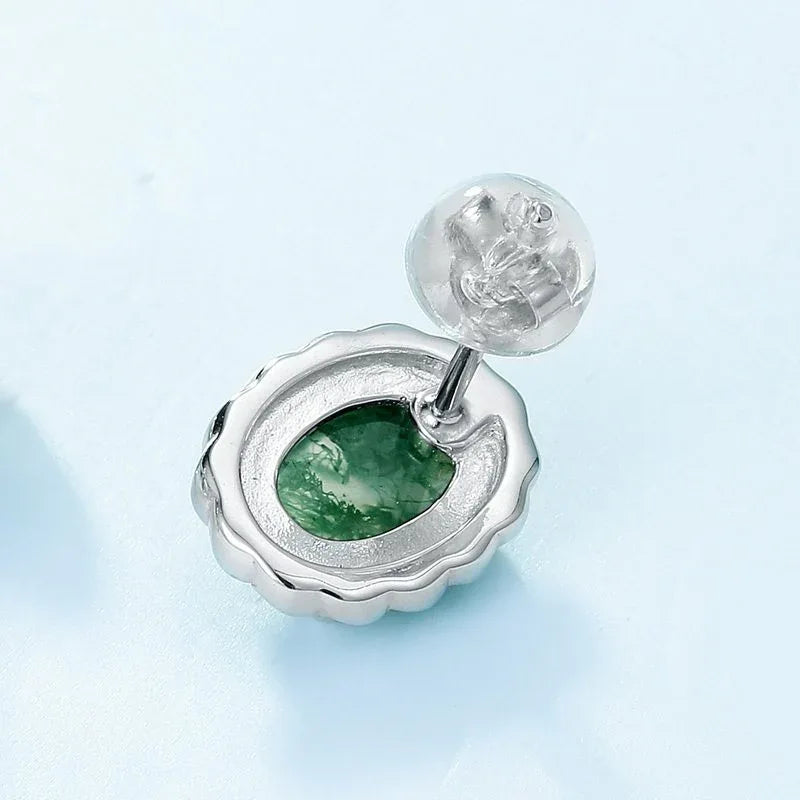 Moss Agate Oval Six-Claw Earrings — side profile and band detail 4