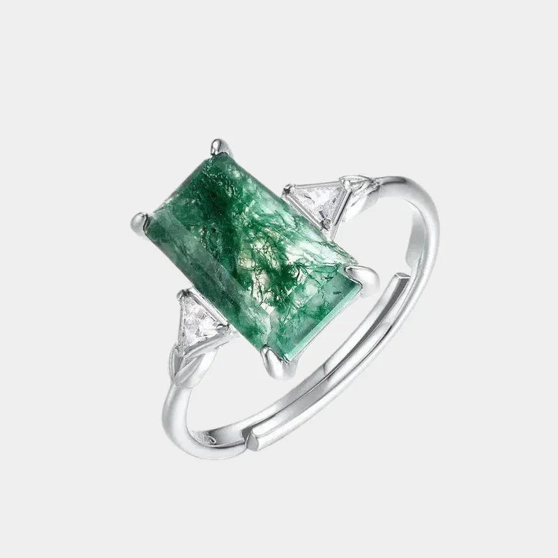 Moss Agate Rectangular Faceted Ring — front product view on a light background