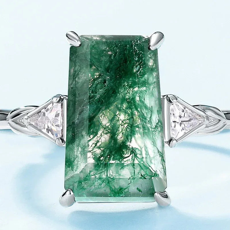 Moss Agate Rectangular Faceted Ring — front setting detail 3