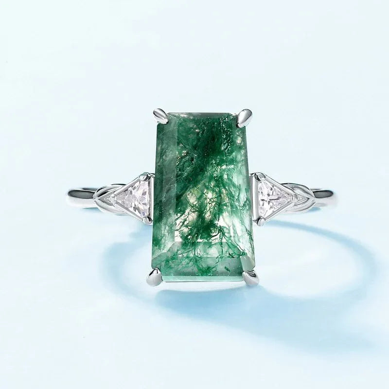 Moss Agate Rectangular Faceted Ring — side profile and band detail 4