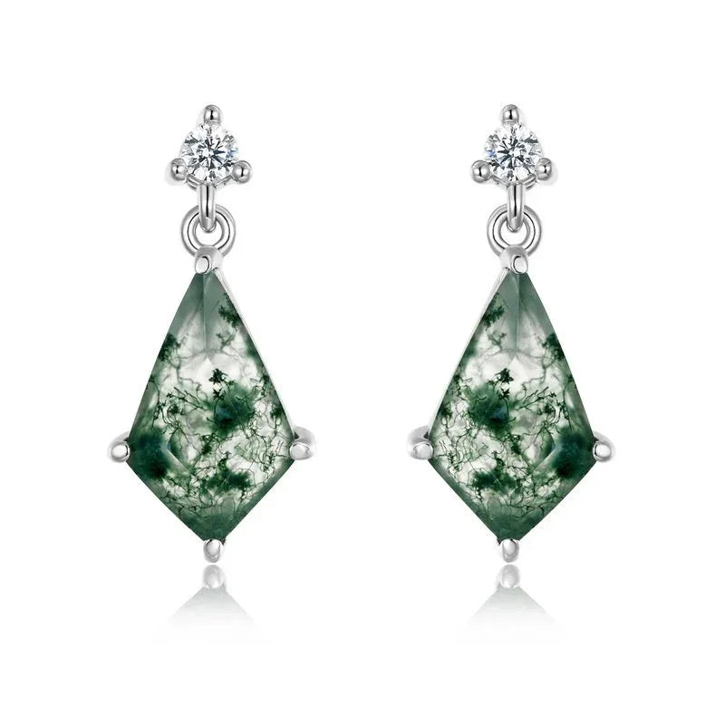 Moss Agate Rhombus Geometric Earrings — angled product view 5