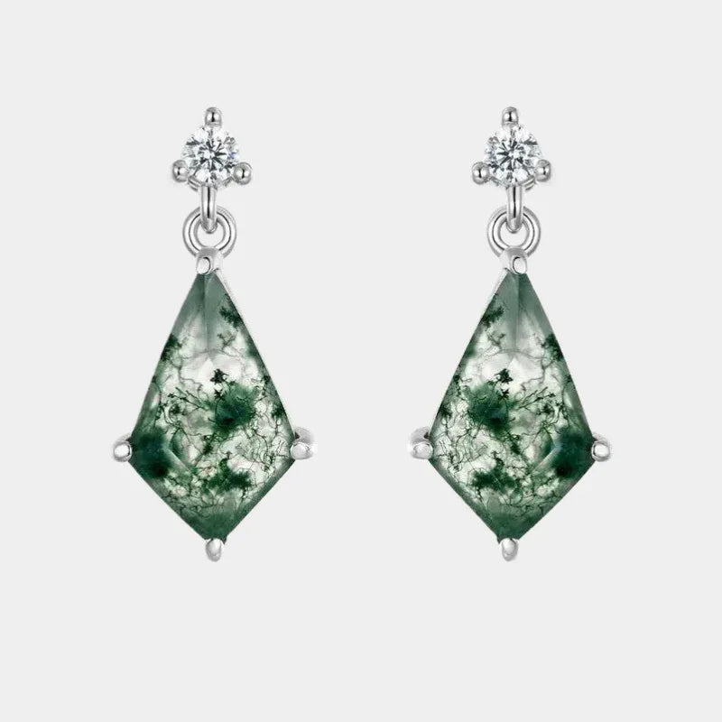 Moss Agate Rhombus Geometric Earrings — front product view on a light background
