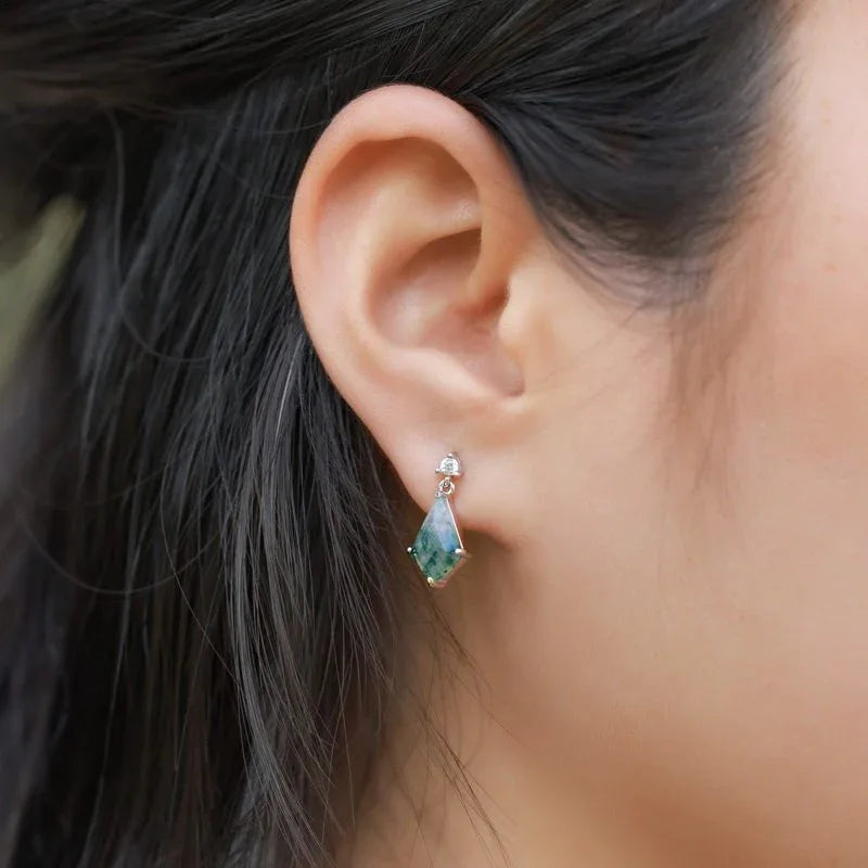 Moss Agate Rhombus Geometric Earrings — hand-worn scale view 2