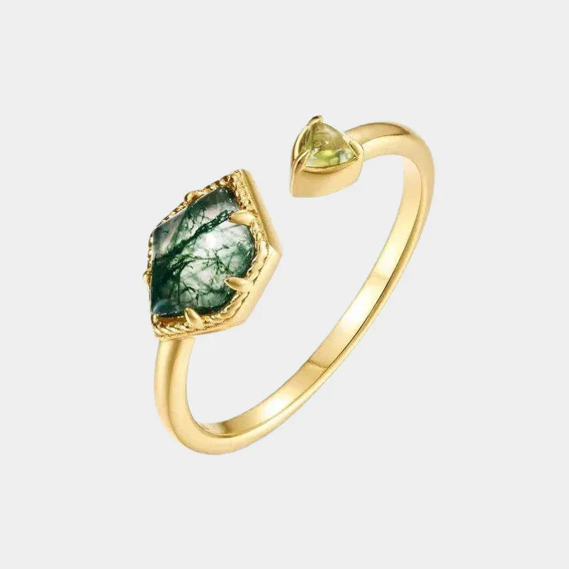 Moss Agate Rhombus Inlaid Ring — front product view on a light background
