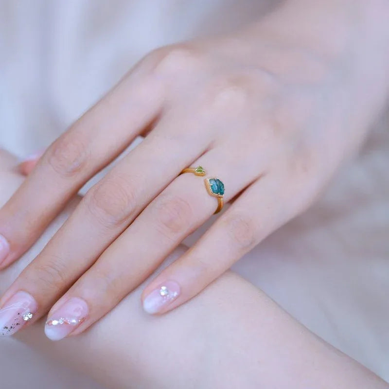 Moss Agate Rhombus Inlaid Ring — hand-worn scale view 2
