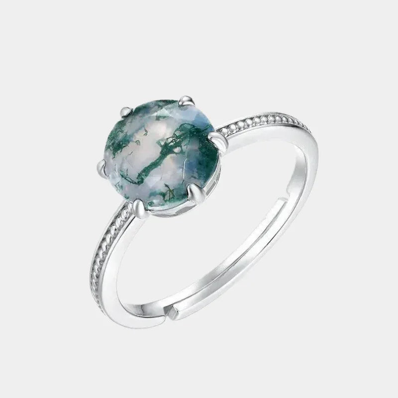 Moss Agate Six-Claw Setting Open Ring — front product view on a light background