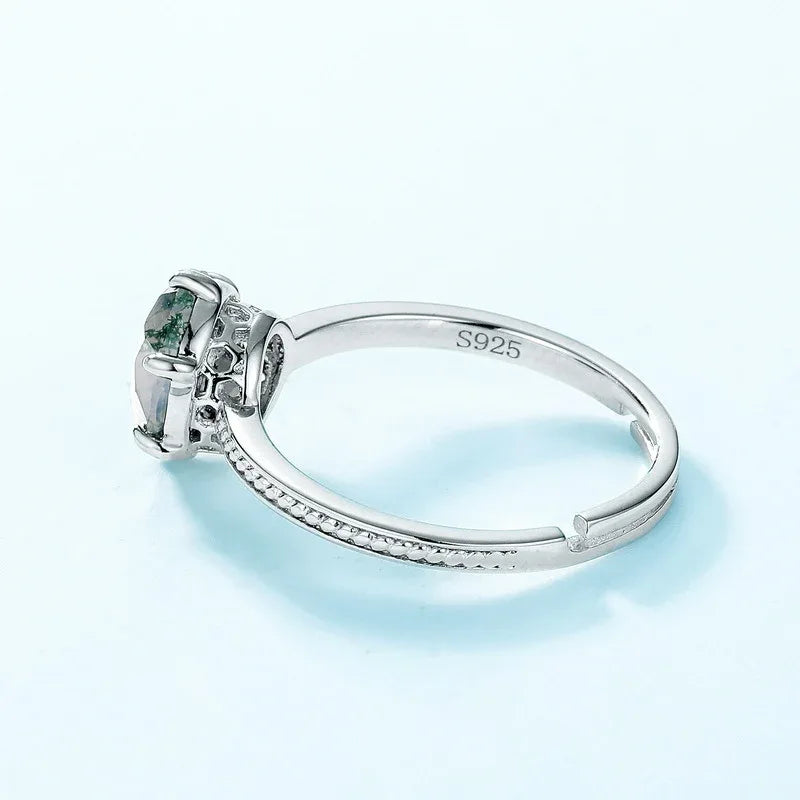 Moss Agate Six-Claw Setting Open Ring — front setting detail 3