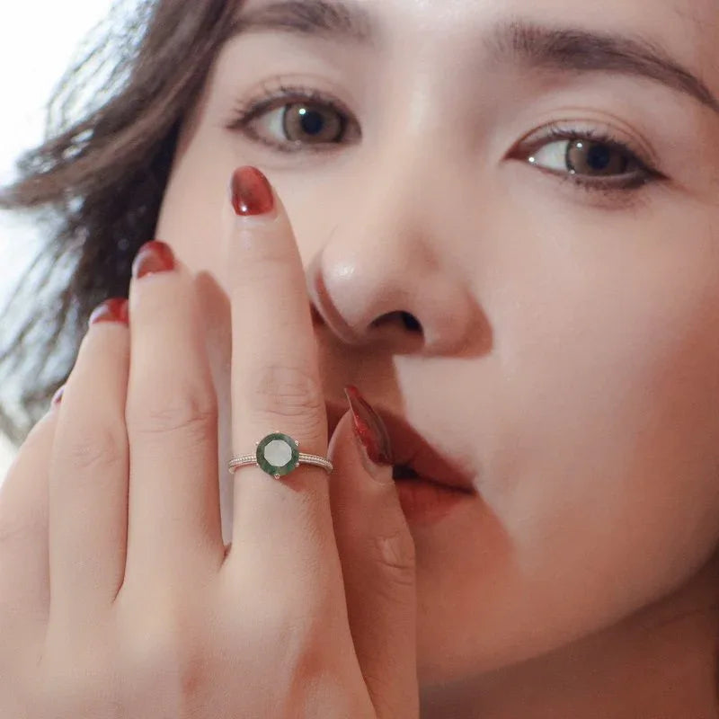 Moss Agate Six-Claw Setting Open Ring — hand-worn scale view 2
