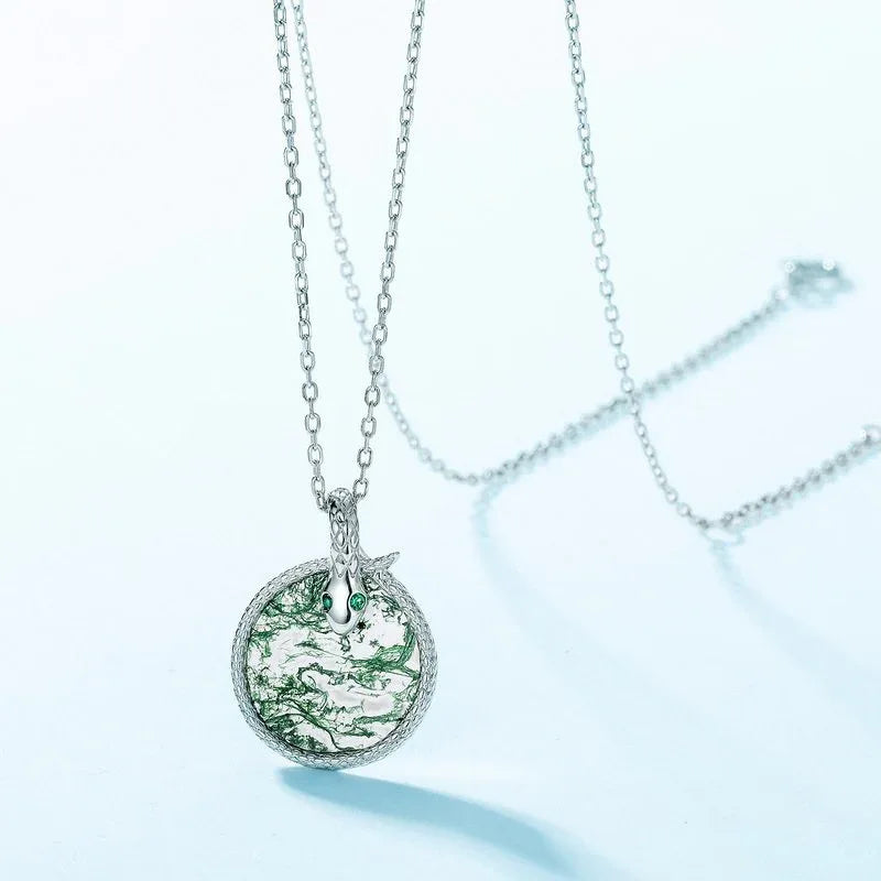 Moss Agate Spirit Snake Coiled Pendant — angled pendant and chain detail 4