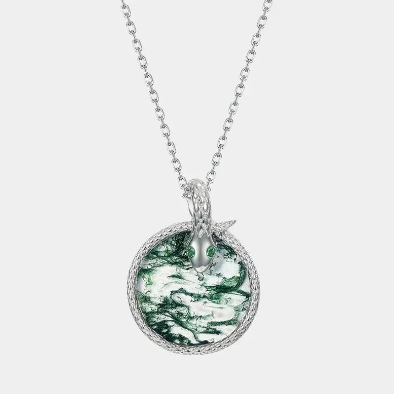 Moss Agate Spirit Snake Coiled Pendant — full necklace view on a light background