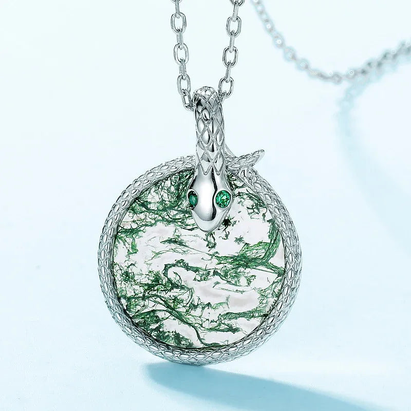 Moss Agate Spirit Snake Coiled Pendant — pendant close-up 3