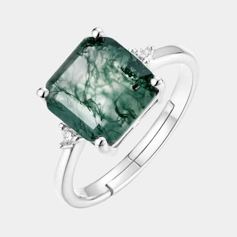 Moss Agate Square Minimalist Ring Unisex — front product view on a light background