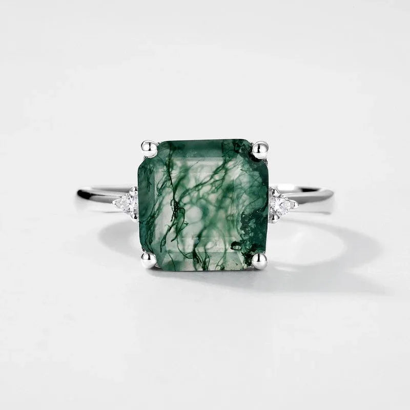 Moss Agate Square Minimalist Ring Unisex — front setting detail 3