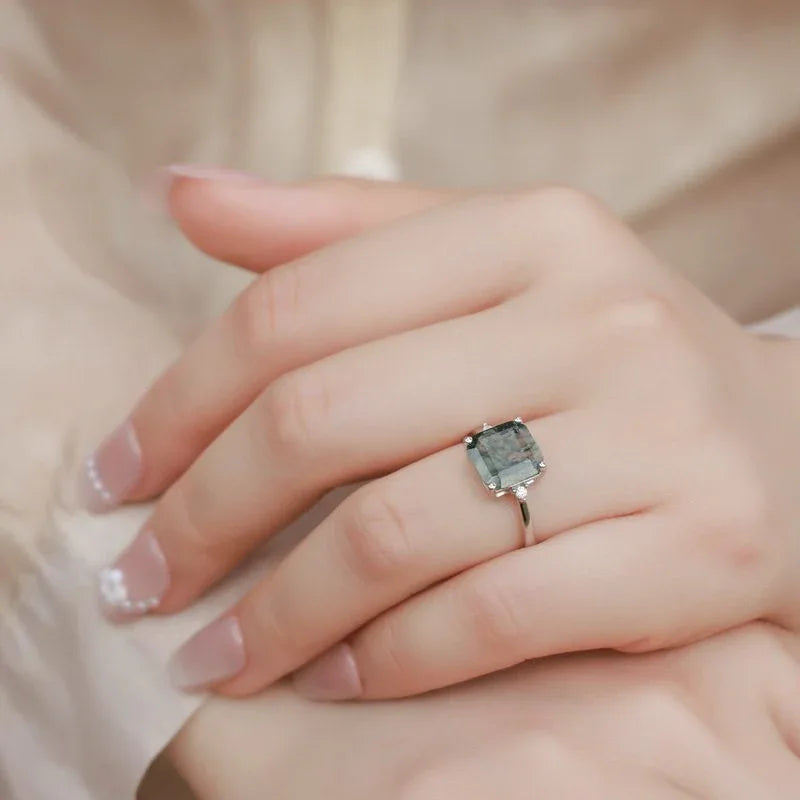 Moss Agate Square Minimalist Ring Unisex — hand-worn scale view 2