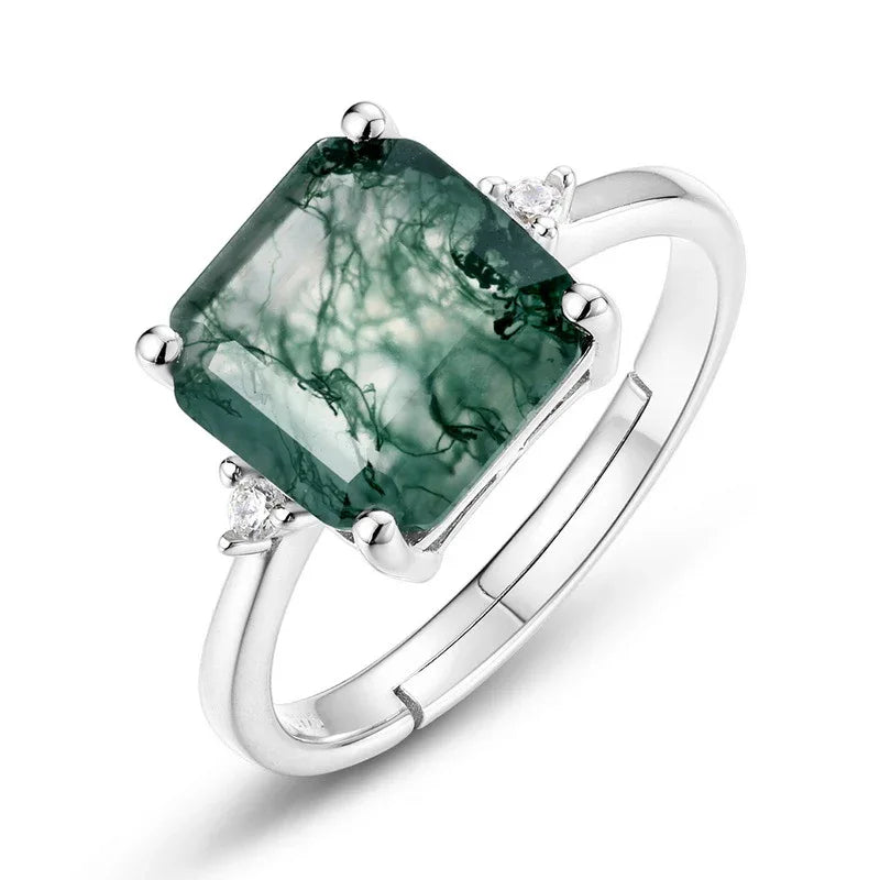Moss Agate Square Minimalist Ring Unisex — side profile and band detail 4