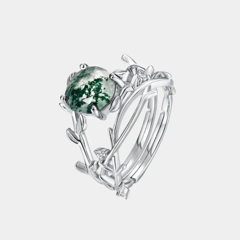 Moss Agate Stackable Open Ring Unisex — front product view on a light background