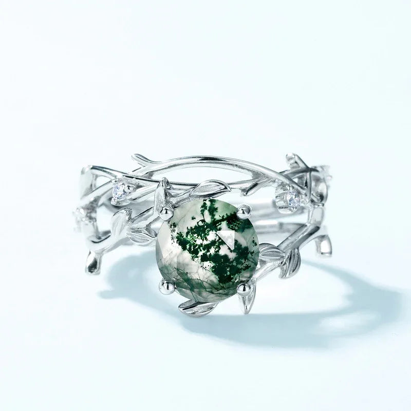 Moss Agate Stackable Open Ring Unisex — hand-worn scale view 2