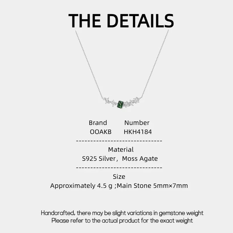 Multi-Stone Bar Moss Agate Necklace — Moss Agate specification card with material and measurements