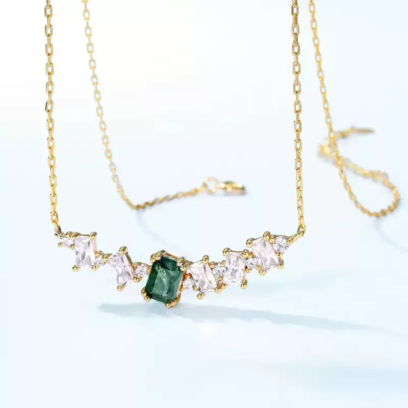 Multi-Stone Bar Moss Agate Necklace with Y-Drop Chain — angled pendant and chain detail 4