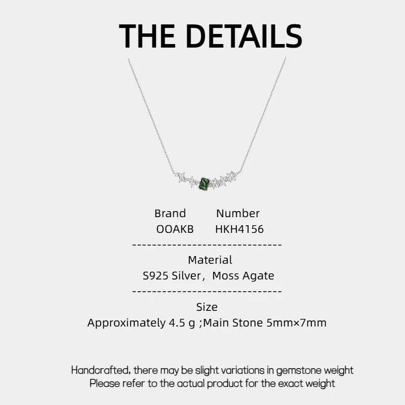 Multi-Stone Bar Moss Agate Necklace with Y-Drop Chain — Moss Agate specification card with material and measurements